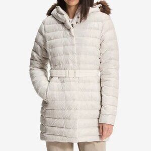 New Women's North Face Transverse Belted 550 Down Parka Size L White MSRP $375